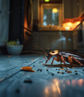 A cockroach on the floor of a kitchen. Suitable for pest control advertisements.