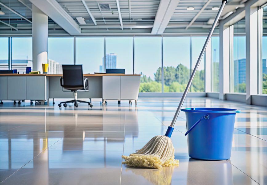 A mop and bucket sit on a freshly cleaned office floor, surrounded by empty space, waiting for text or design elements, indicating cleanliness and professionalism.